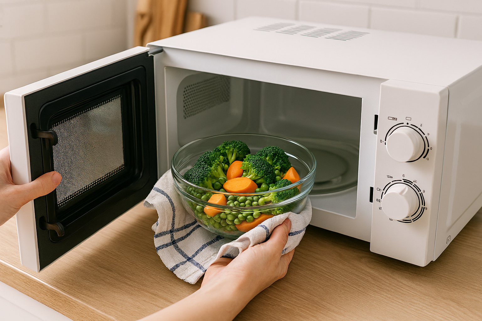 전자레인지로 채소를 조리하는 모습