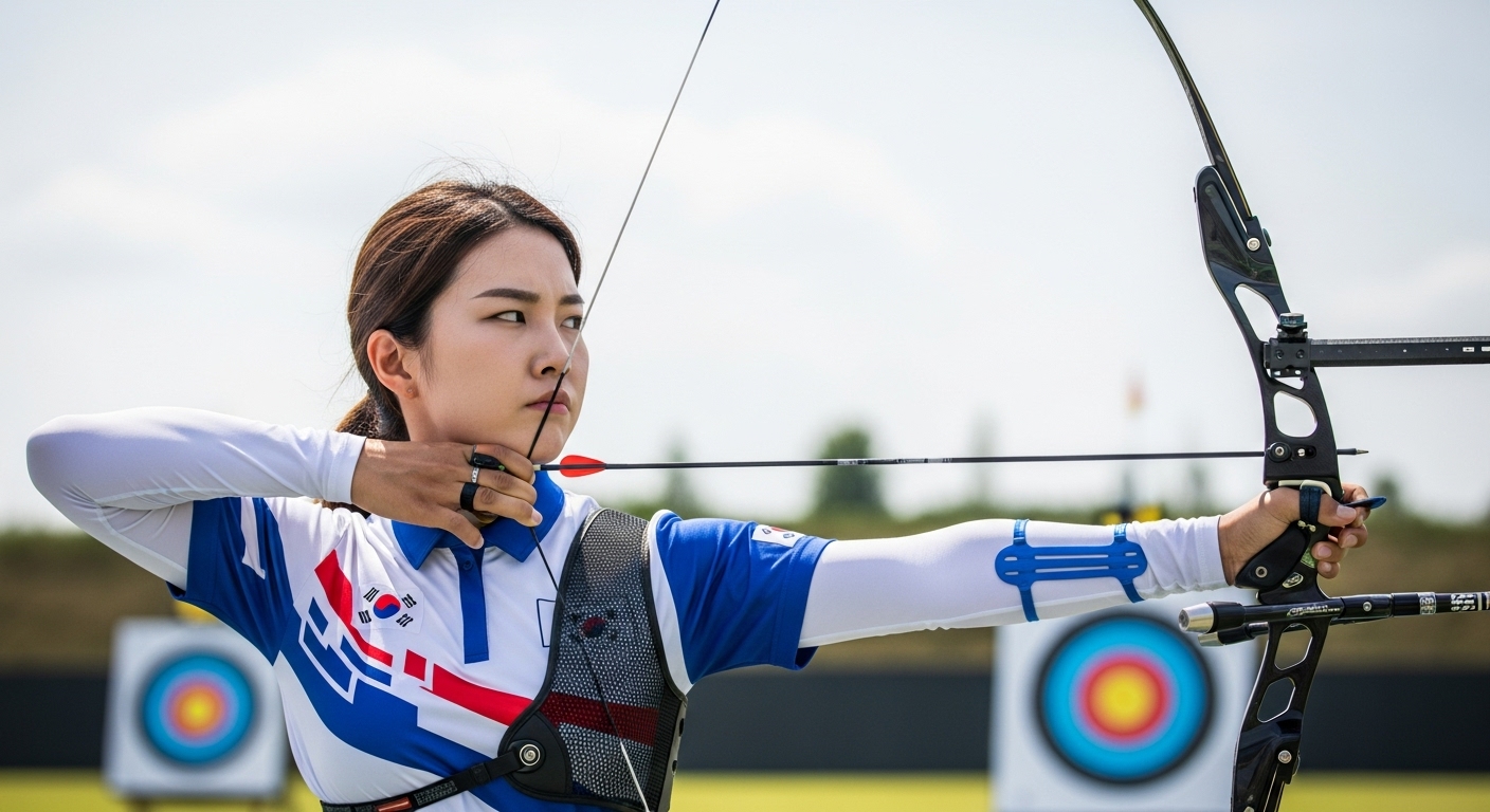 한국 국가대표 양궁 선수가 활시위를 당기며 과녁을 향해 집중하는 모습