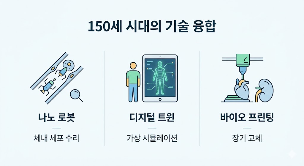 150세 시대를 여는 기술 융합을 주제로 나노 로봇, 디지털 트윈, 바이오 프린팅 기술을 설명한 인포그래픽입니다. 체내 세포 수리, 가상 시뮬레이션, 장기 교체 과정을 심플한 아이콘으로 배치하여 미래 의학 기술의 결합과 수명 연장의 가능성을 직관적으로 보여줍니다.