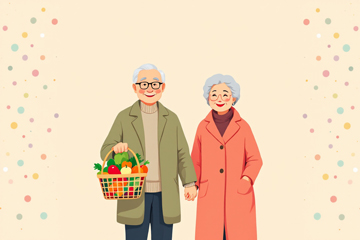 장바구니를 든 노부부가 치매 걱정없이 손을 잡고 웃으며 걷는 모습.