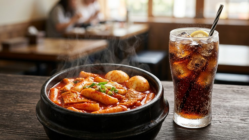 김이 모락모락 나는 빨간 떡볶이 접시 옆에 얼음과 기포가 가득한 시원한 콜라 잔이 놓여 있는 모습