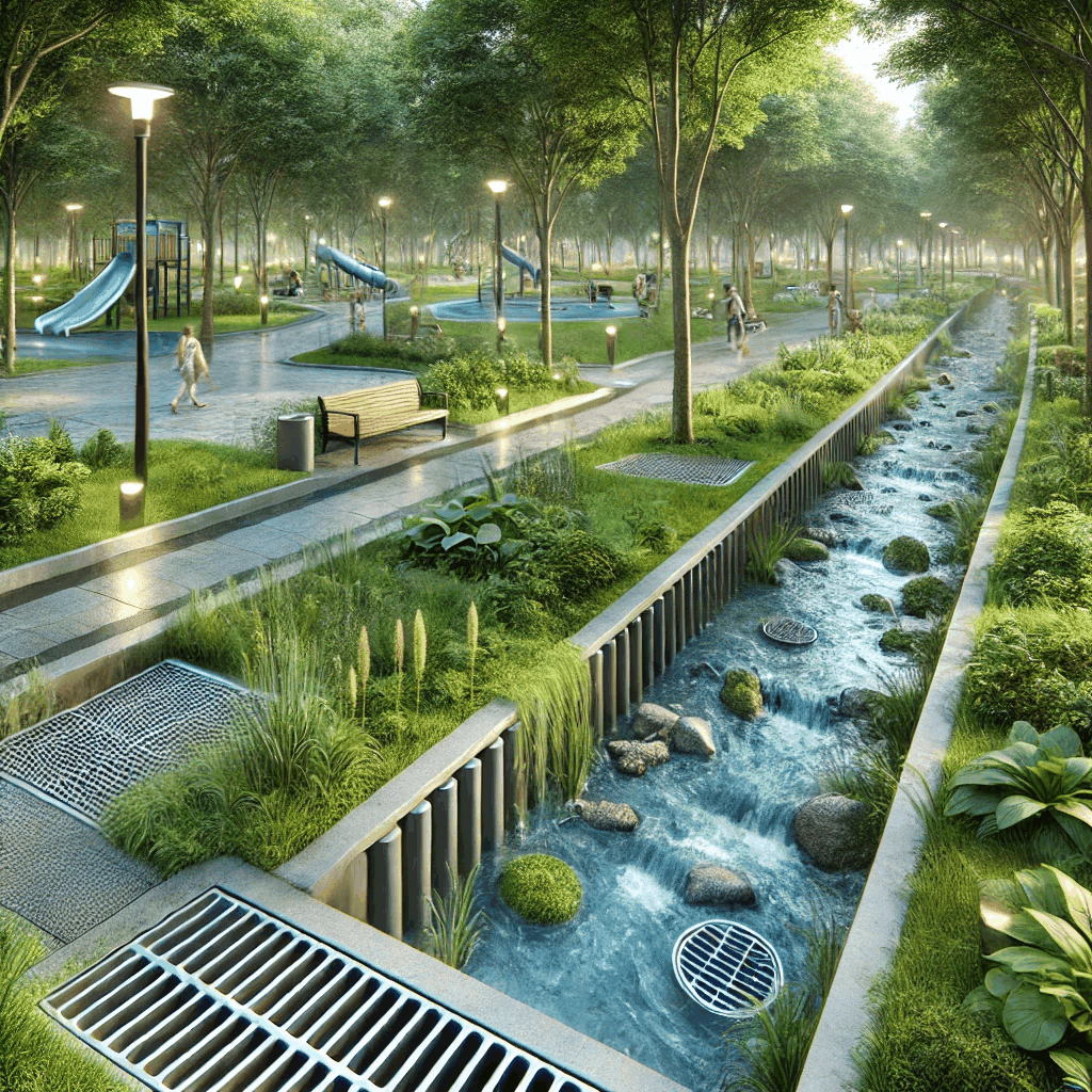 깨끗하게 유지된 공원의 배수 시스템이 자연과 조화를 이루며 안전하고 효율적으로 설계된 모습