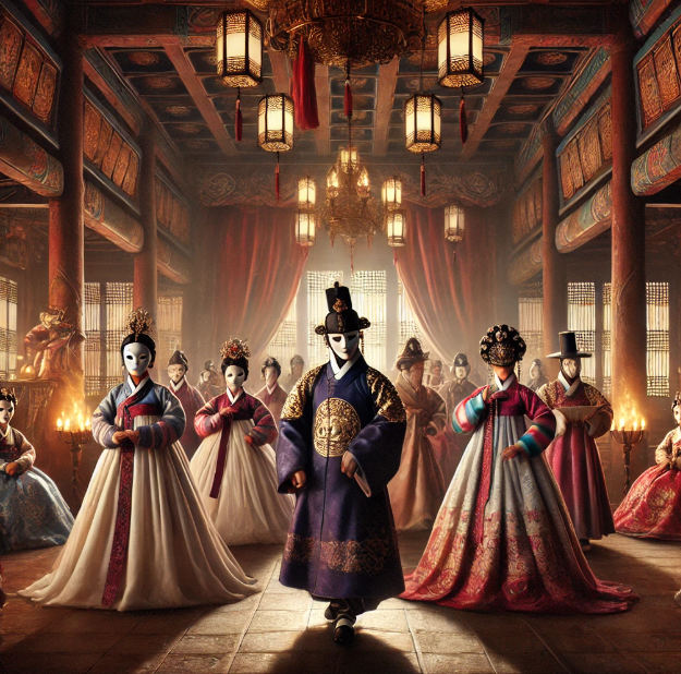 가면 쓴 궁중 인물들의 무도회