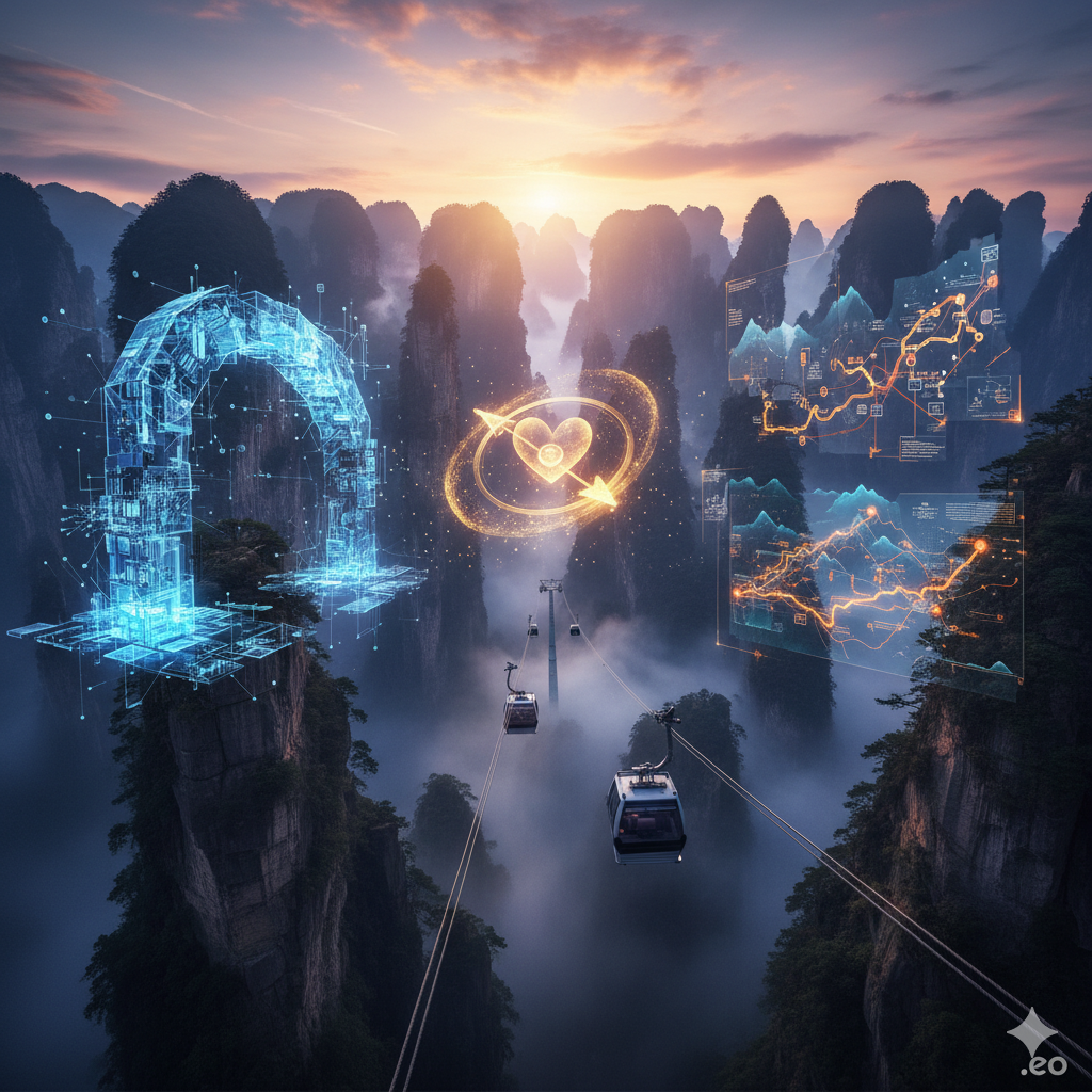 장가계 천문산의 웅장한 기암괴석 사이로 운행되는 케이블카 전경 위에, 세 가지 AI 분석 모듈(푸른색 공학 제어 게이트, 황금색 심리 케어 하트, 주황색 실무 데이터 맵)이 결합된 인포그래픽 이미지. 4060 원정대의 위기 관리 전략인 '공학적 설계(A)', '심리적 방어(B)', '실무적 전술(C)'의 통합 리포트 개념을 시각화함.