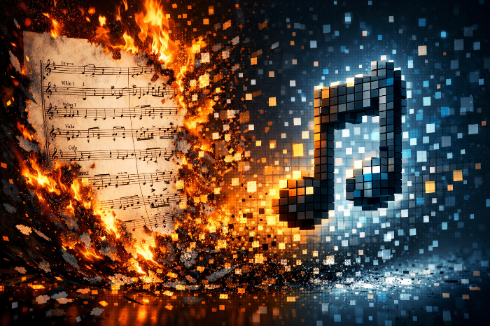 창작자의 예술적 의도와 대중의 기술적 변조 사이의 갈등을 형상화한 이미지