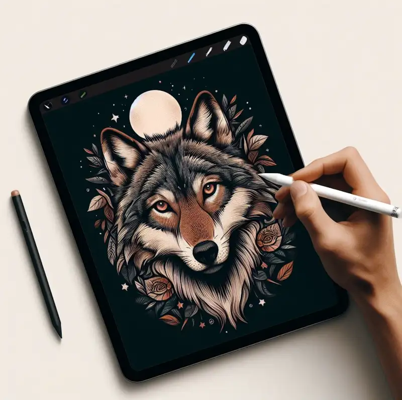 애플펜슬와-아이패드로-늑대-그림을-그리는-모습