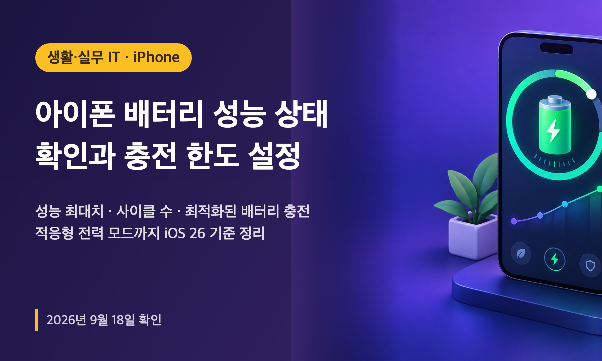 아이폰 화면에 배터리 성능 상태 게이지와 충전 한도 설정이 표시된 모습을 표현한 일러스트