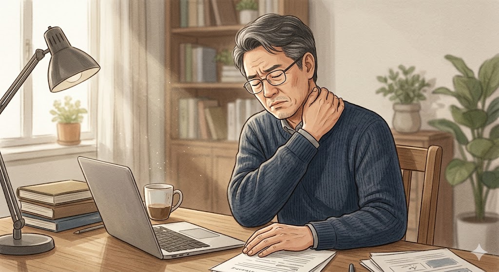 A middle-aged Asian man looking exhausted and massaging his stiff shoulders at a desk inside a dimly lit room