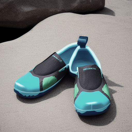 바위 위에 올려진 파란색 아쿠아 슈즈