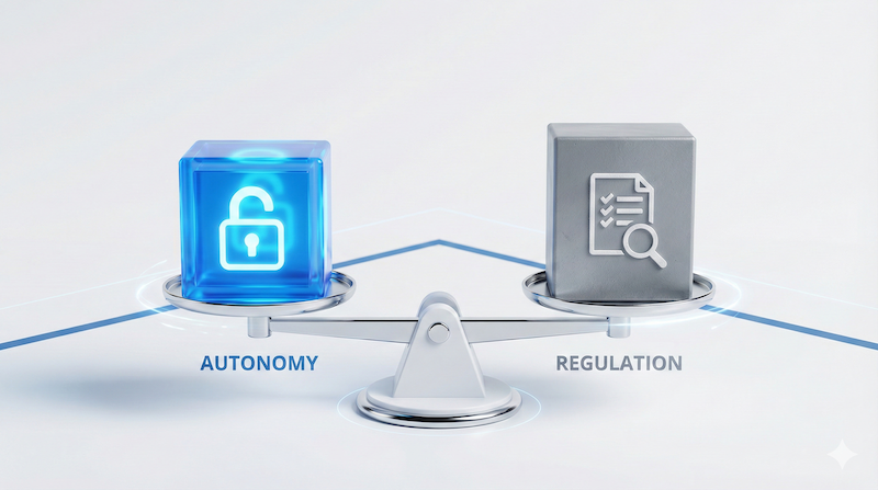 2026년 MAS 규정 개정의 핵심인 자율성 확대와 규제 강화의 균형을 표현한 추상적 이미지