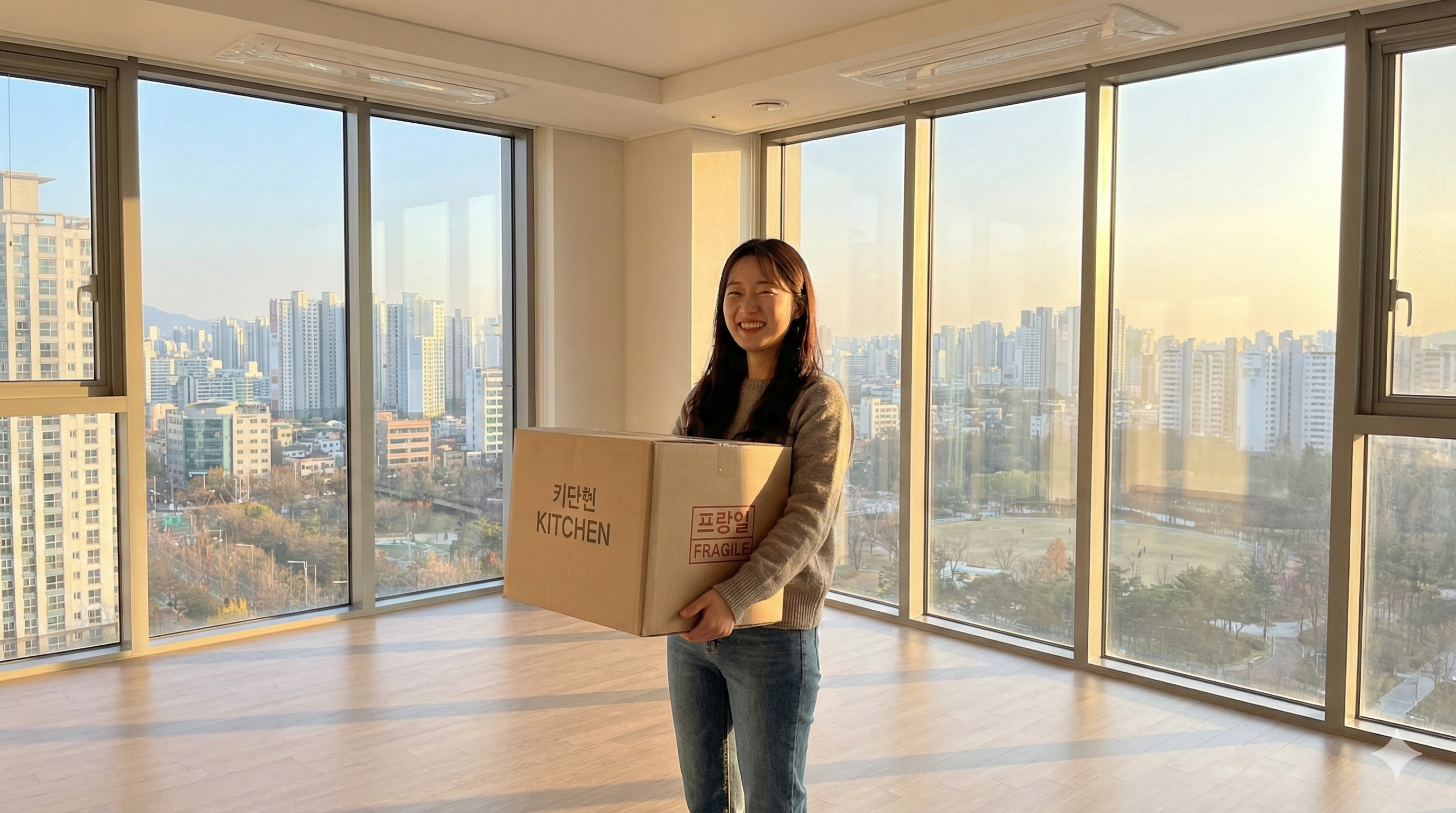 채광이 좋은 넓은 전세 아파트로 이사하며 박스를 들고 환하게 웃는 청년의 모습