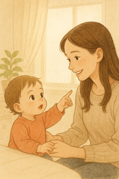 아기가 손가락으로 무언가를 가리키며 의사 표현하는 장면
