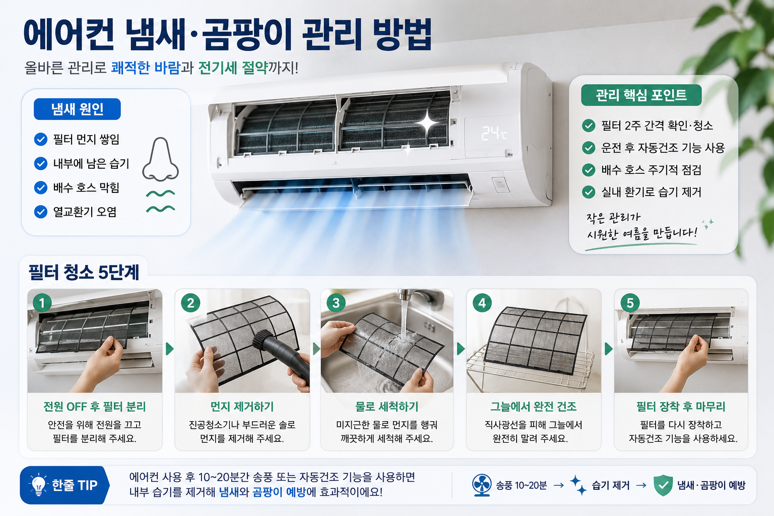 에어컨 냄새와 곰팡이 원인 및 필터 청소 5단계를 설명한 관리 인포그래픽