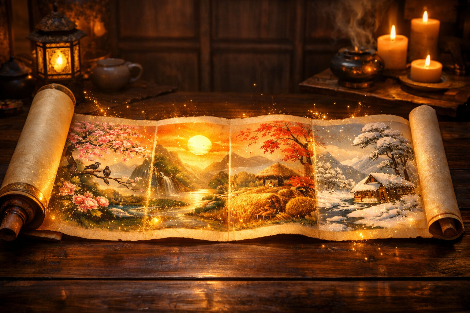 그림 상징을 통해 초년운부터 말년운까지 인생의 사계절을 한눈에 보여주는 길라(Gilra) 프리미엄 당사주 및 평생운세 서비스의 신비로운 두루마리 이미지
