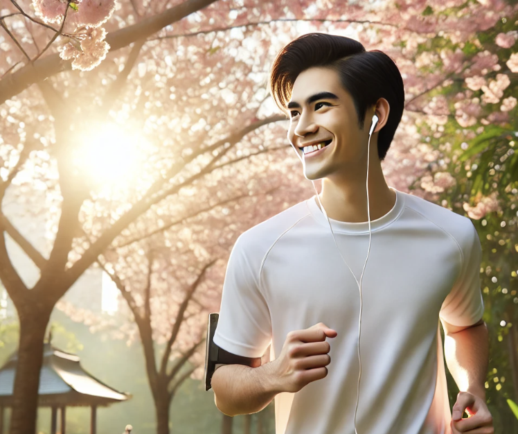 귀에 이어폰을 착용하고 러닝을 하고 있는 남성