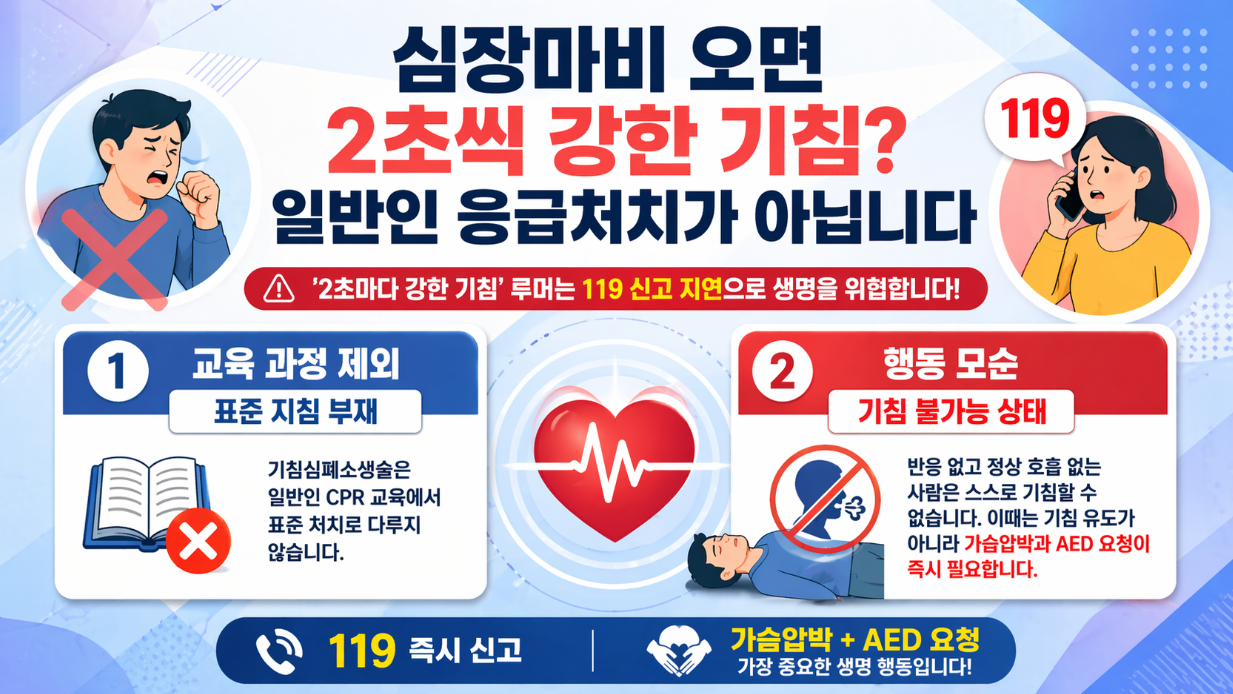 심장마비 시 2초마다 기침 루머가 위험하며 119 신고가 우선이라는 응급 대응 안내 인포그래픽