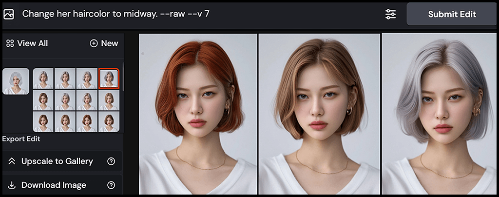 Midjourney Edit 기능에서 브러쉬&middot;스마트 마스킹을 활용해 인물 헤어 컬러 변경 예시 이미지_Midjourney