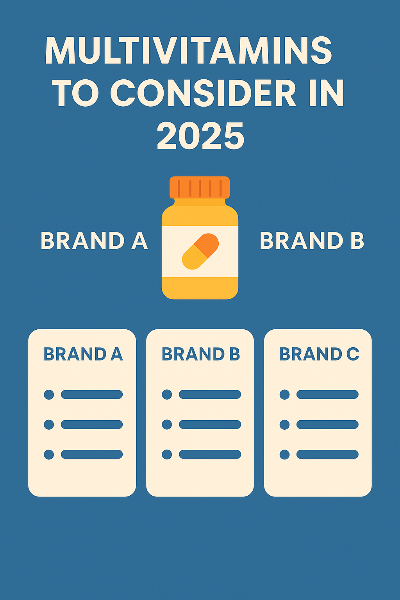 센트룸, 얼라이브, 솔가 등 종합비타민 대표 브랜드를 모델로 하여 브랜드별 주요 기능, 성분 구성, 복용 편의성을 카드 형식으로 정리한 플랫 디자인 인포그래픽. 각 브랜드명을 중심으로 비교표와 비타민 병 이미지가 함께 구성돼 직관성을 높인다.