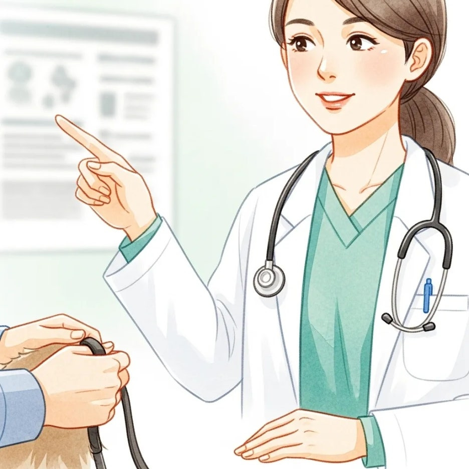 수의사와 상담하는 보호자의 손