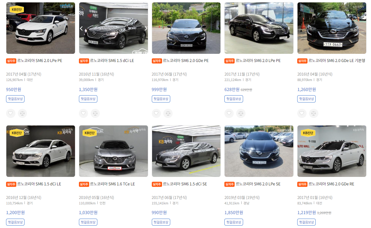 KB차차차 - 실시간 SM6 중고차 시세