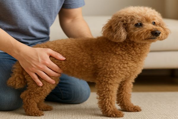 보호자가 노령견 허벅지 근육을 손으로 만져 근감소 여부를 확인하는 장면
