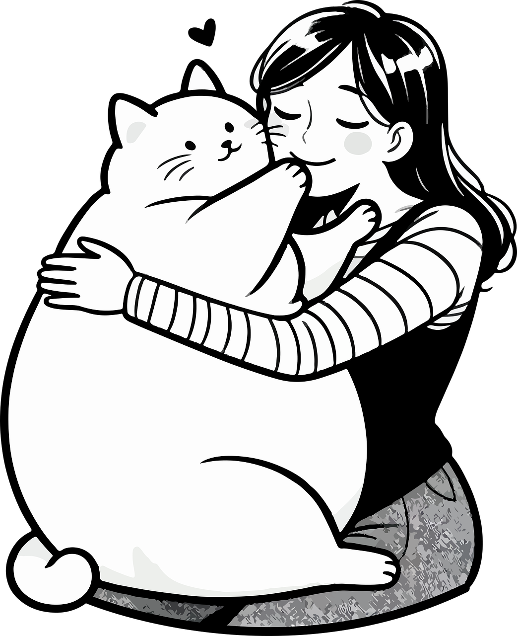 뚱뚱한 고양이를 안고 행복한 여인 일러스트