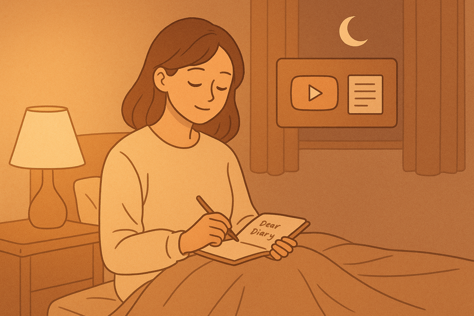“밤 조명 아래 따뜻한 침실에서 일기장을 펴고 하루를 정리하는 젊은 여성. 창밖엔 초승달이 떠 있고, 방 안은 부드러운 주황빛으로 물들어 있어 감성적이고 편안한 분위기를 자아낸다.”