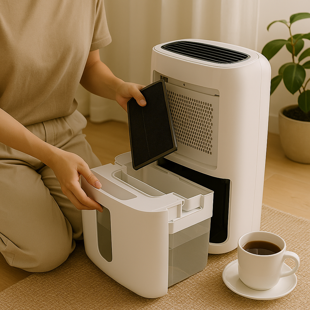 제습기 물통을 분리하고 필터를 청소하는 사람의 손과 커피잔이 함께 있는 장면