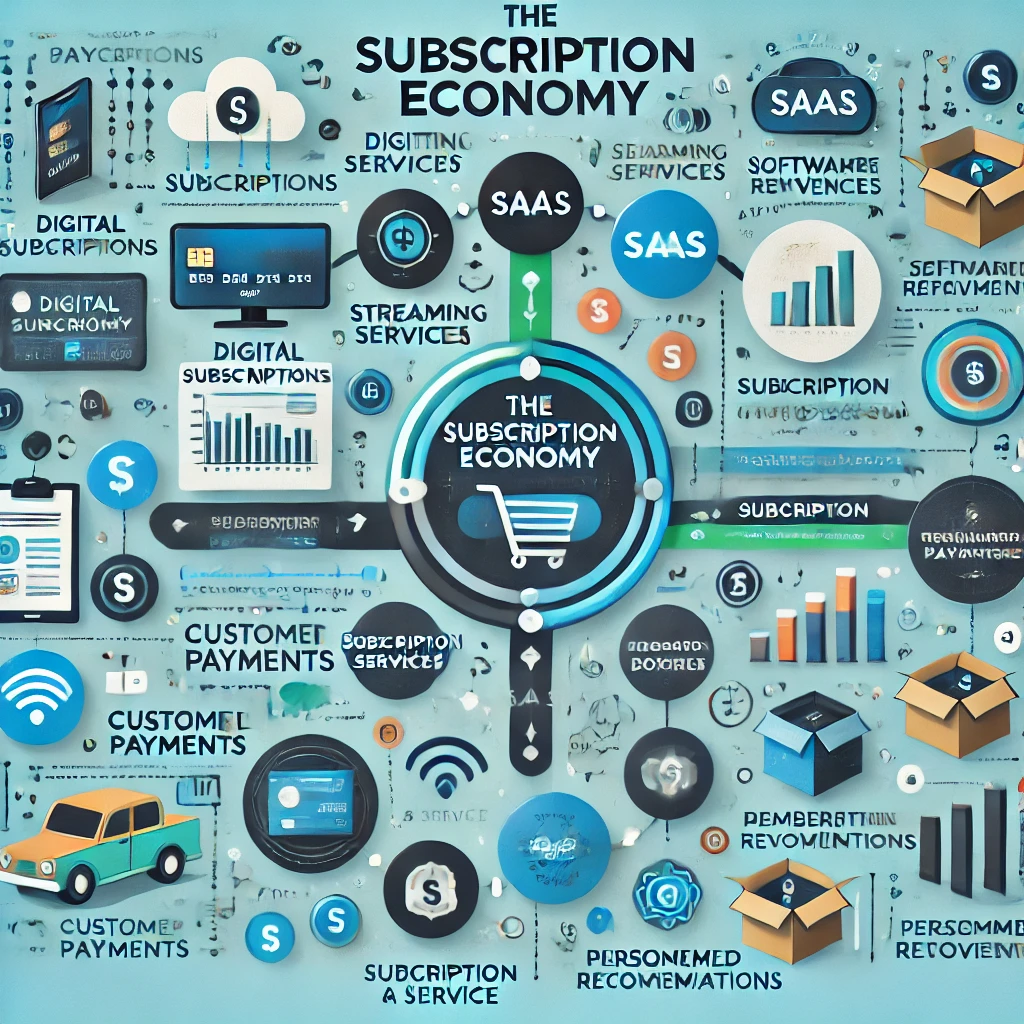 구독 경제 모델을 보여주는 인포그래픽입니다. 디지털 구독, 스트리밍 서비스, SaaS, 구독 박스, 멤버십 비즈니스 등의 핵심 요소가 시각적으로 표현