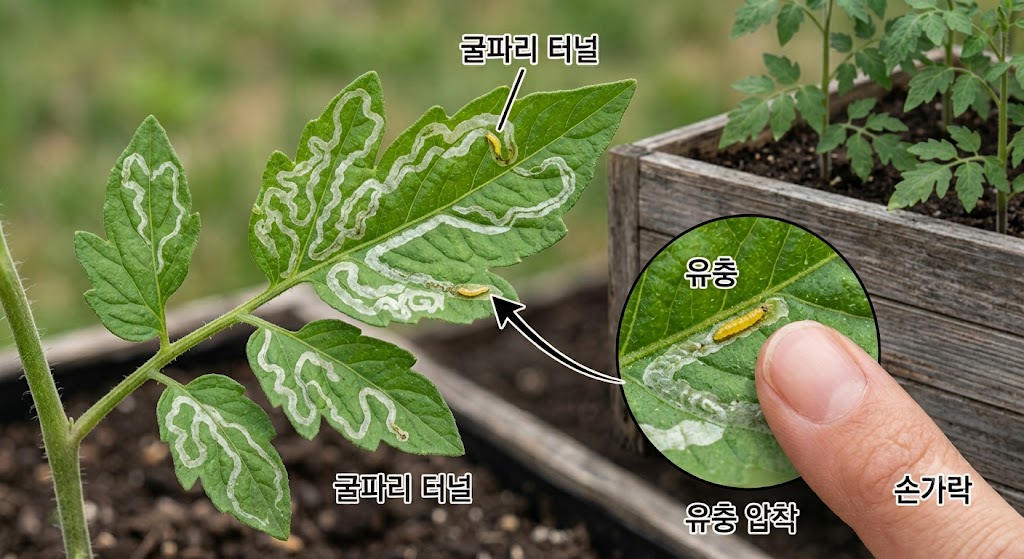 방울토마토 잎에 하얀색 구불구불한 선이 그려져 있고, 선의 끝부분에 노란색 작은 유충이 들어있는 모습과 이를 손가락으로 누르는 해결 방법을 설명하는 구도의 삽화