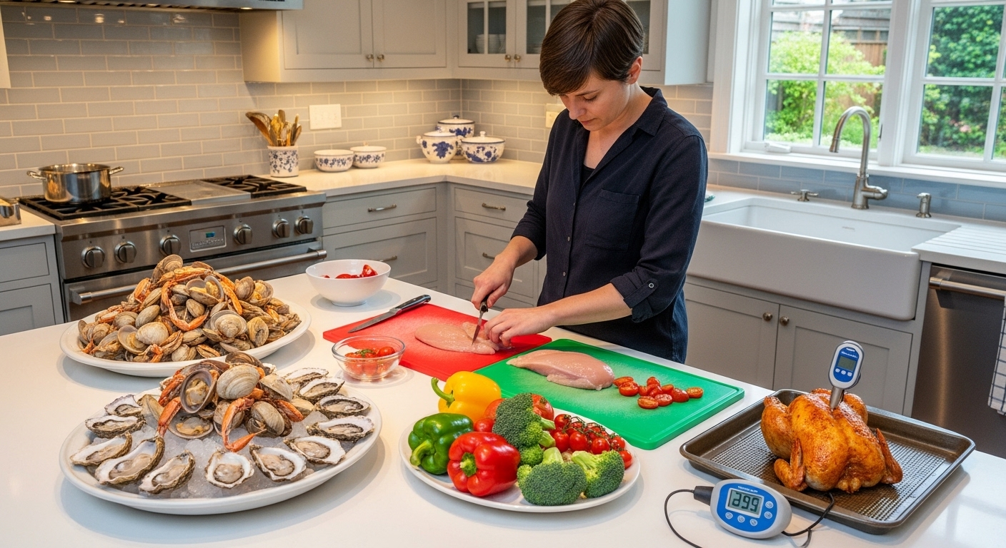 익힌 어패류와 날것을 분리하여 조리하는 모습, 온도계를 이용해 음식 온도를 확인하는 등 음식 위생을 지키는 주방 풍경.