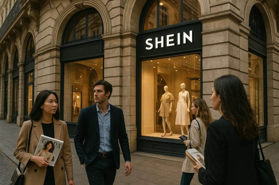 파리 백화점 앞에 설치된 쉬인 브랜드 디스플레이를 보는 소비자들 모습