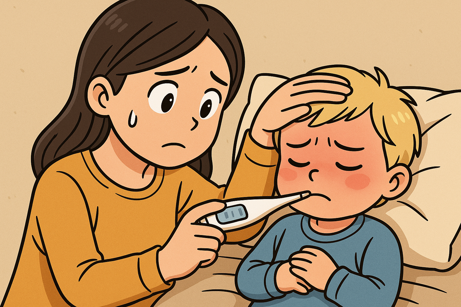 열이 나는 아이의 체온을 걱정스럽게 재는 엄마 - 웹툰 스타일 일러스트