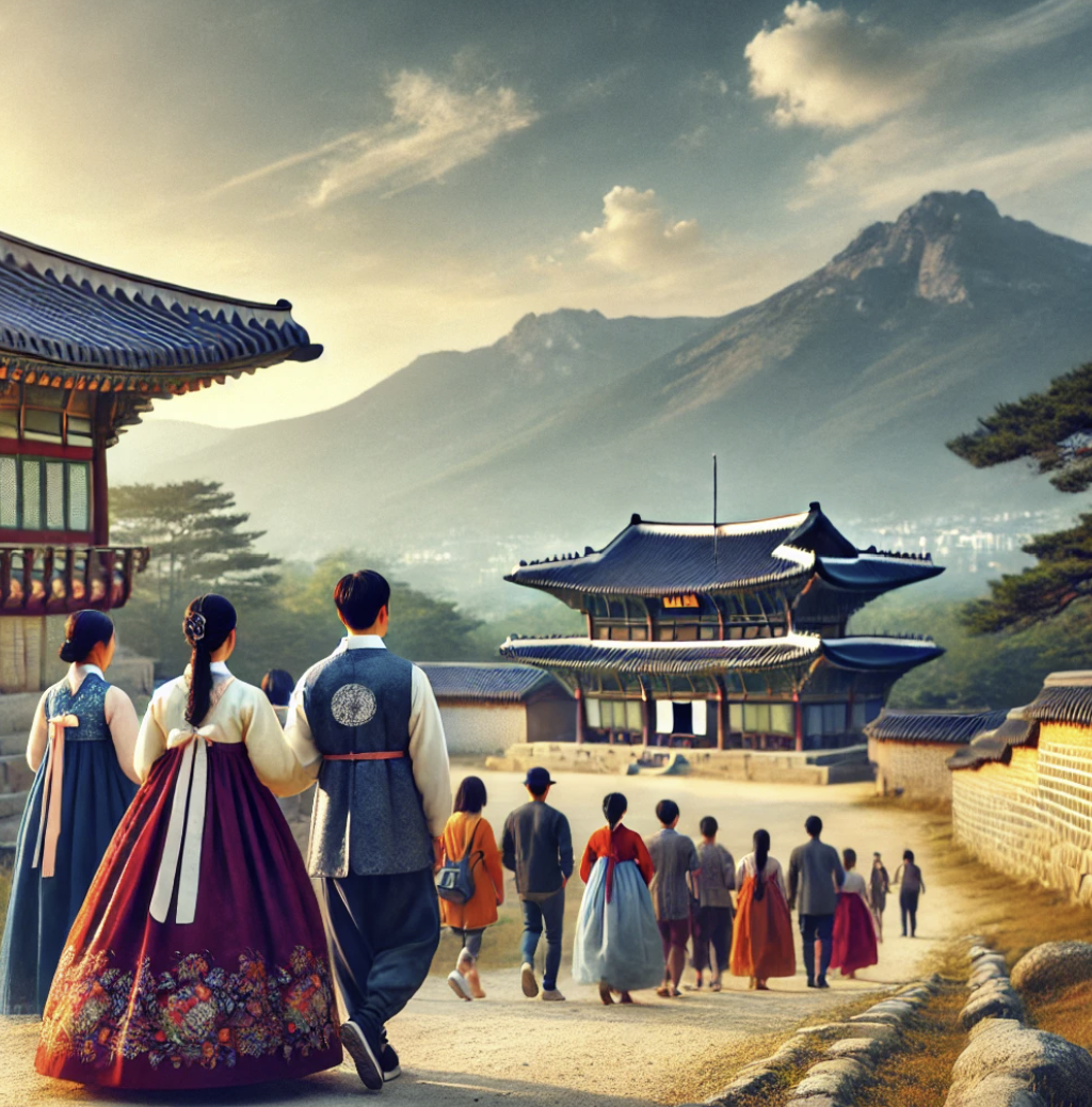 역사적인 장소에서 관광객을 안내하는 전통 한복을 입은 통역 안내사.