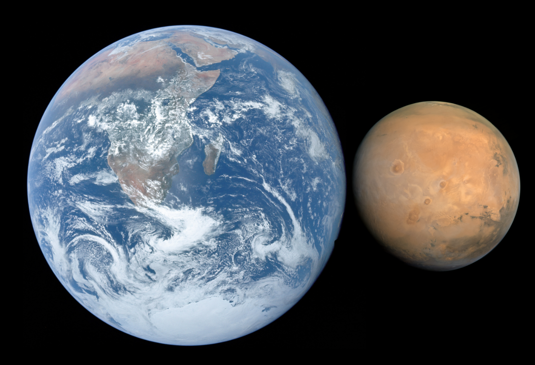 화성과 지구의 비교, 화성은 지구의 1/4 [그림 : 위키백과]