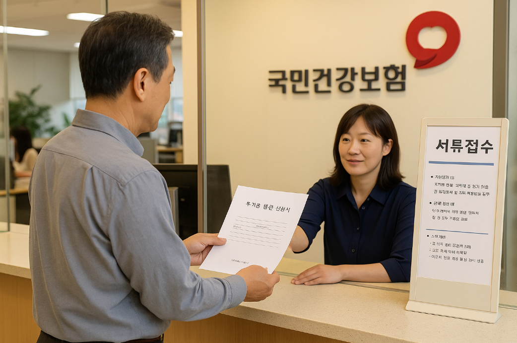 건강보험공단 지사 내 민원창구에서 중년 남성이 &amp;#39;추가증 발급 신청서&amp;#39;를 들고 접수 창구 직원에게 제출하는 장면