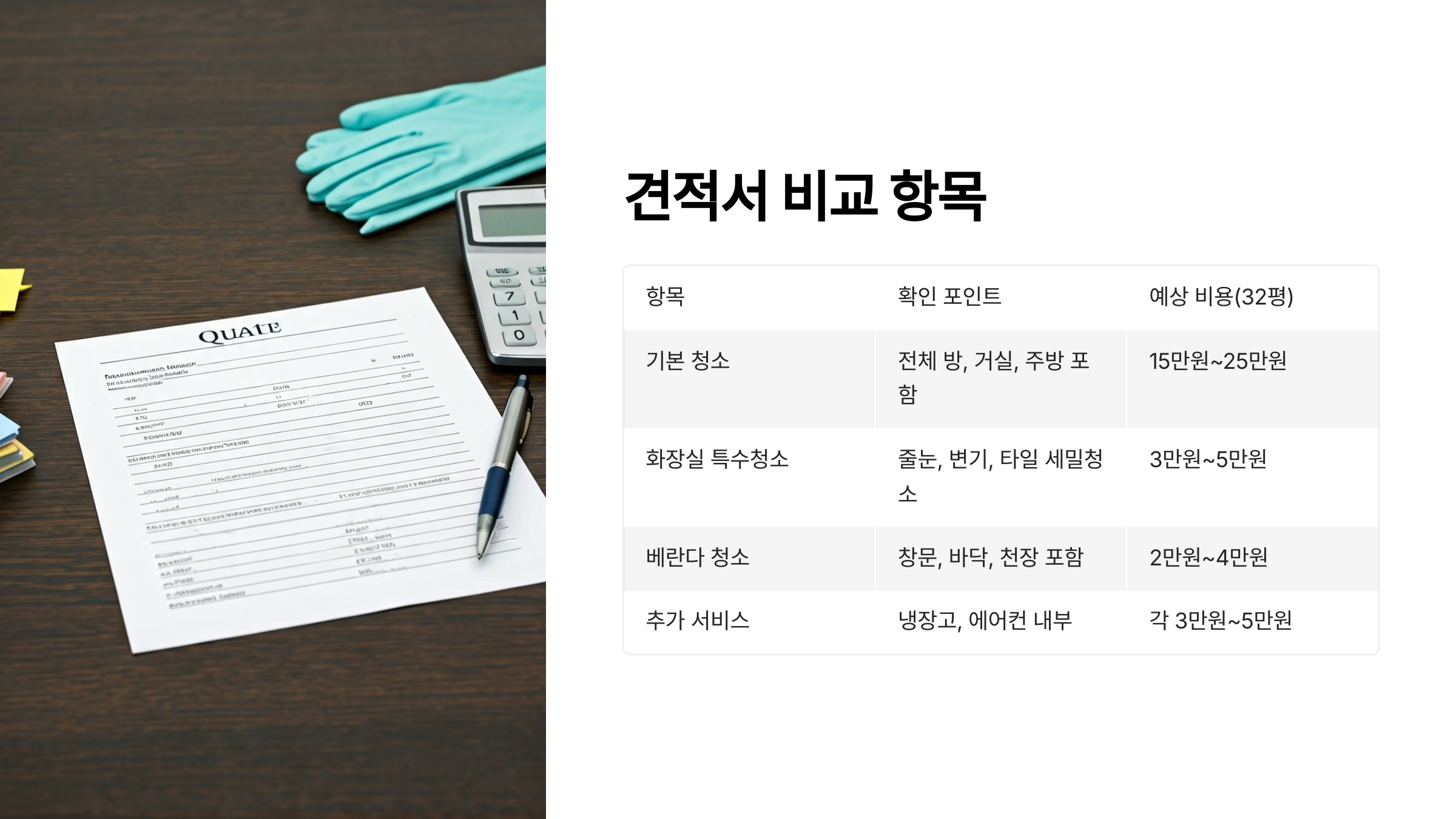 화성 입주청소 견적서 비교 항목