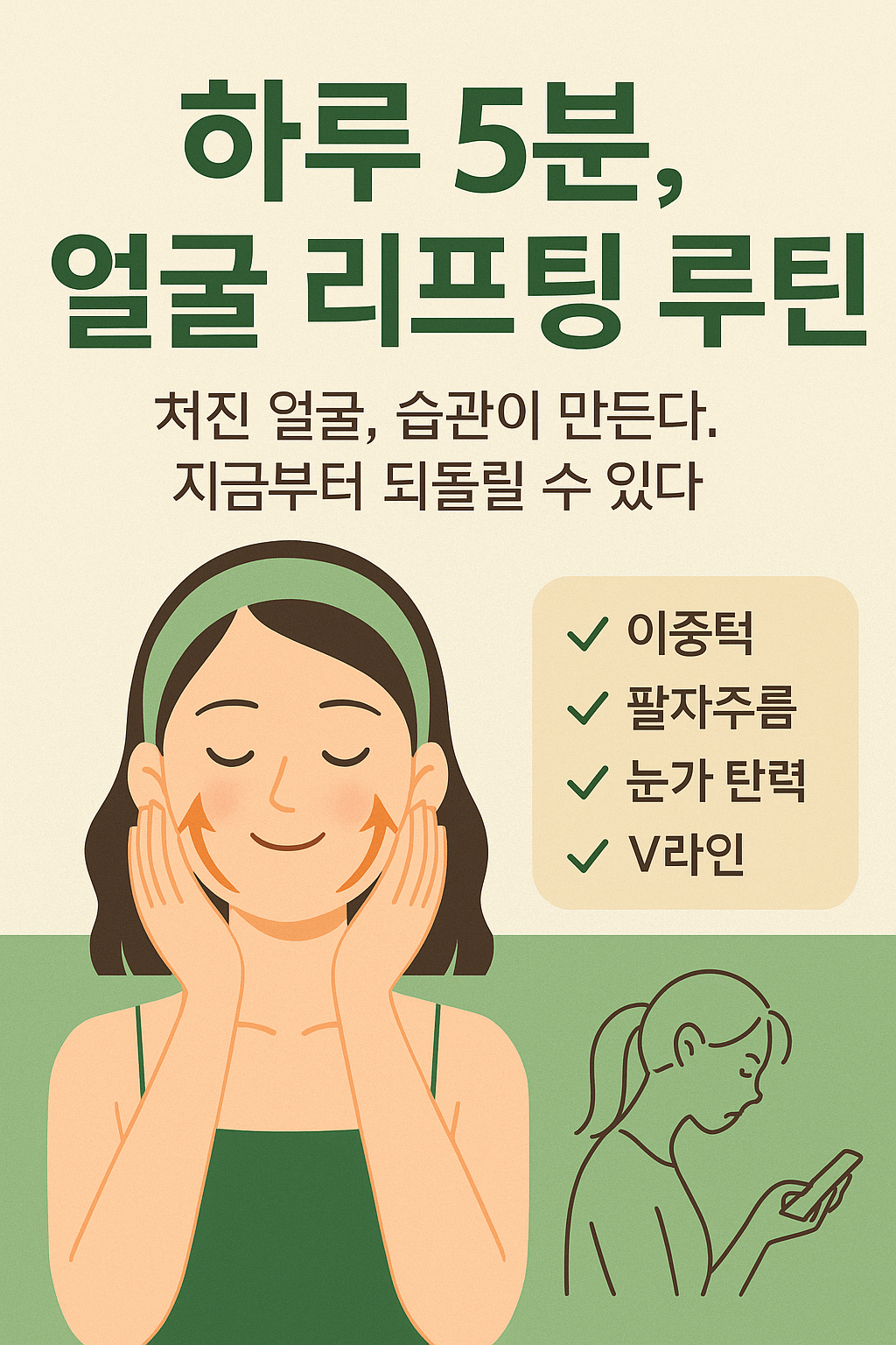 하루 5분으로 얼굴 리프팅을 실천하는 루틴을 소개하는 한국어 인포그래픽 이미지로, 이중턱과 팔자주름, 눈가 처짐을 관리하는 실전 루틴 요소가 포함된 플랫 스타일 일러스트