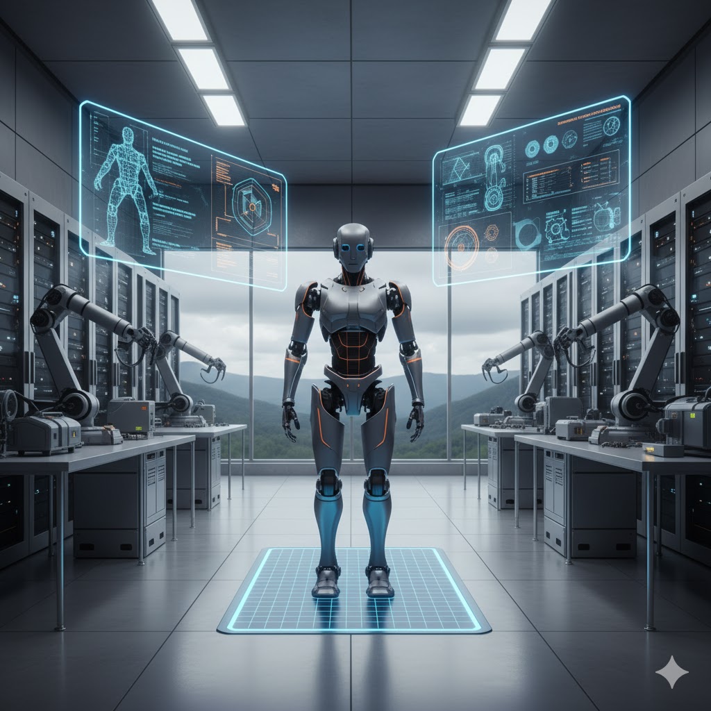 현대적인 연구실에서 한 로봇이 똑바로 서 있고, 주변에는 데이터와 홀로그램 인터페이스가 표시된 투명 스크린, 그리고 로봇 팔들이 보입니다.