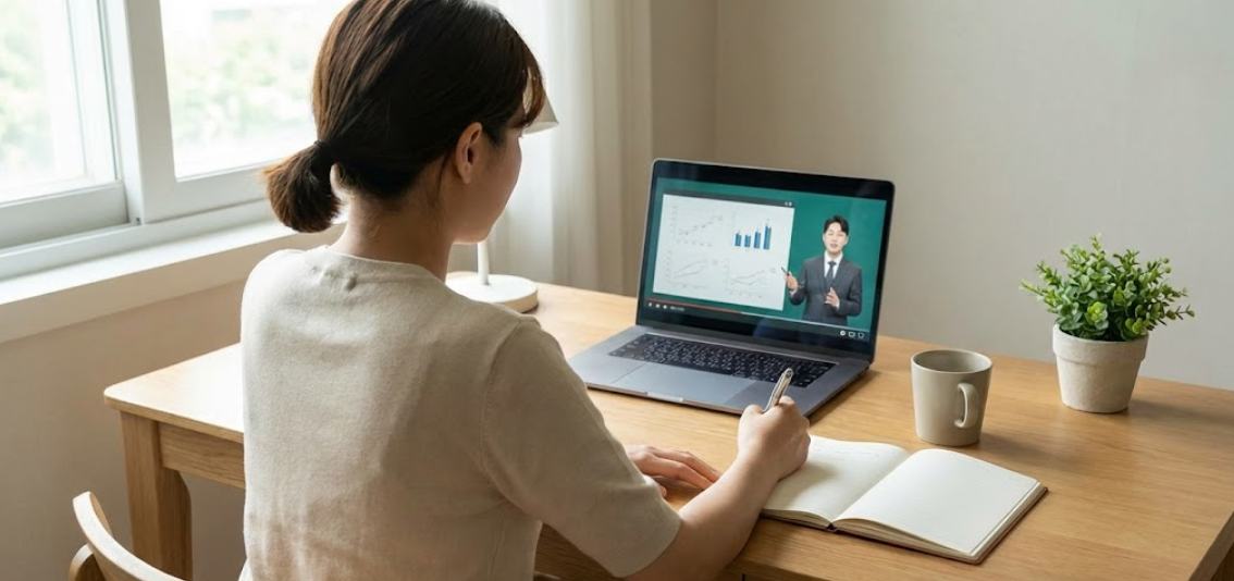 집에서 노트북으로 온라인 교육을 수강하며 필기하는여성