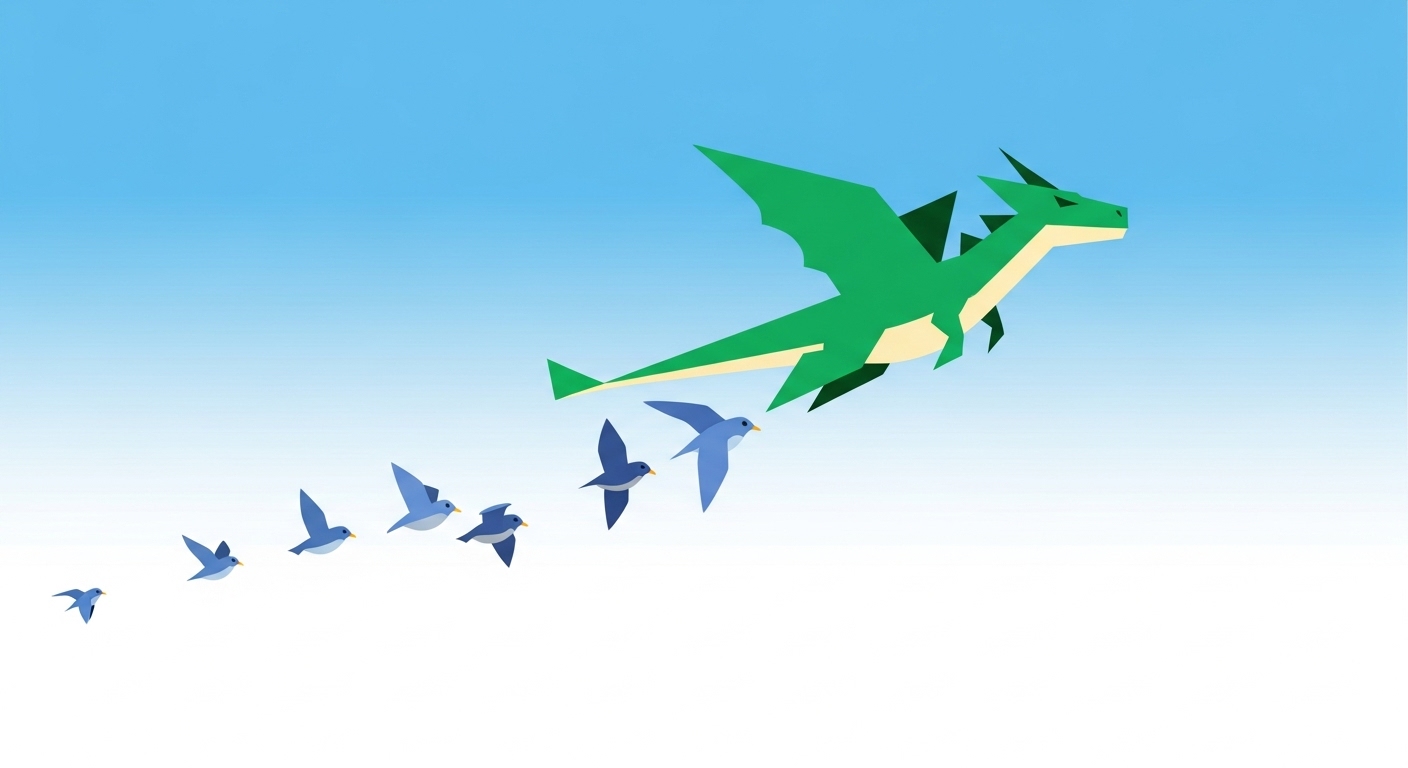 다른 새들과 대형을 맞춰 하늘을 날며 협력과 리더십을 발휘하는 용 캐릭터 일러스트