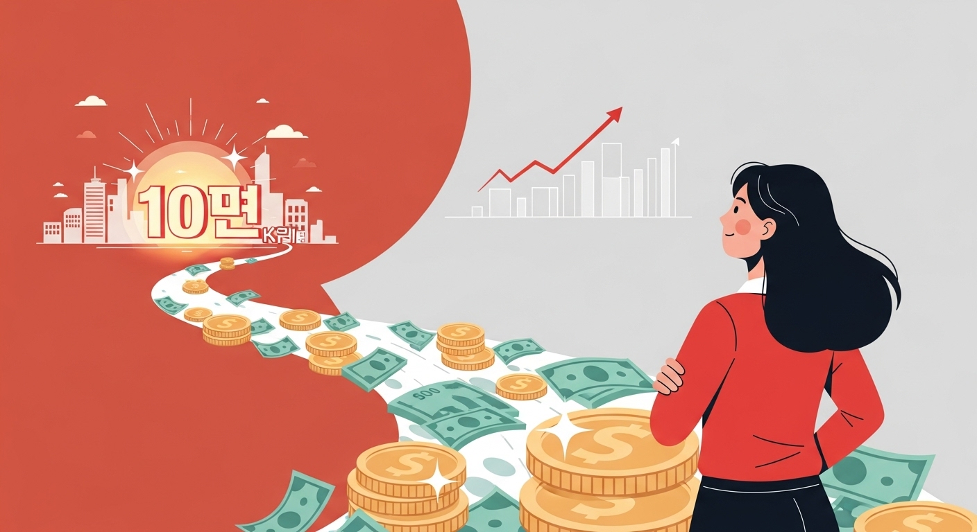 사회초년생이 동전과 지폐로 이루어진 길을 따라 '1억' 목표를 향해 나아가는 희망찬 모습, 스마트 재테크 로드맵을 상징합니다.