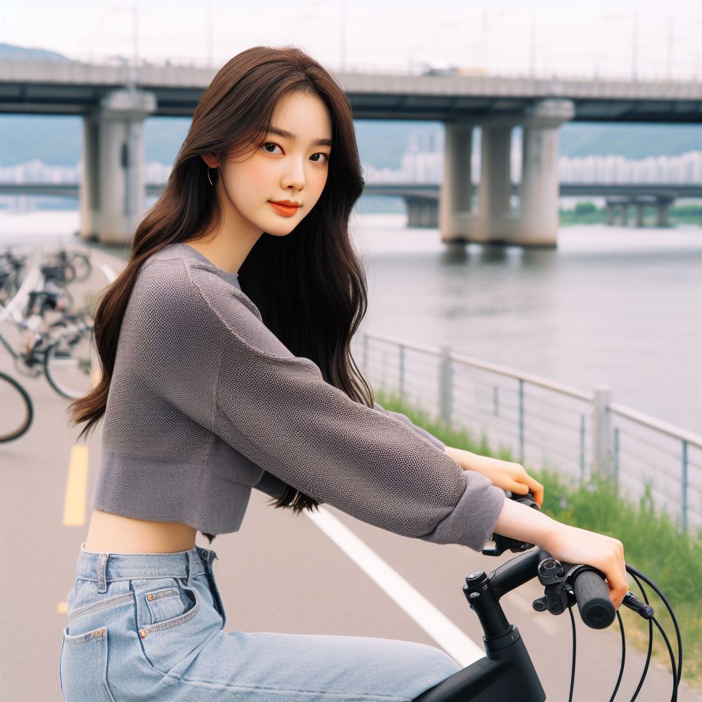 Sitting on a bike is a 20-something woman.