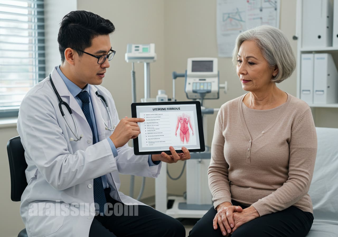 자궁근종 진단비 수령 조건을 설명하는 외국인 의사와 환자. 디지털 태블릿을 통해 지급 조건을 안내하는 모습. 현대적인 병원 실내에서 상담하는 장면.