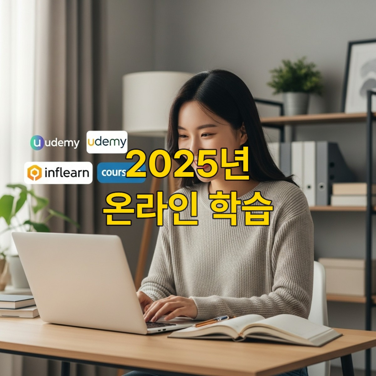 한국인 여성이 노트북으로 유데미, 인프런, 코세라 로고가 보이는 온라인 강좌를 들으며 집중하고 있는 모습. 학습 공간이 깔끔하고 편안해 보인다.