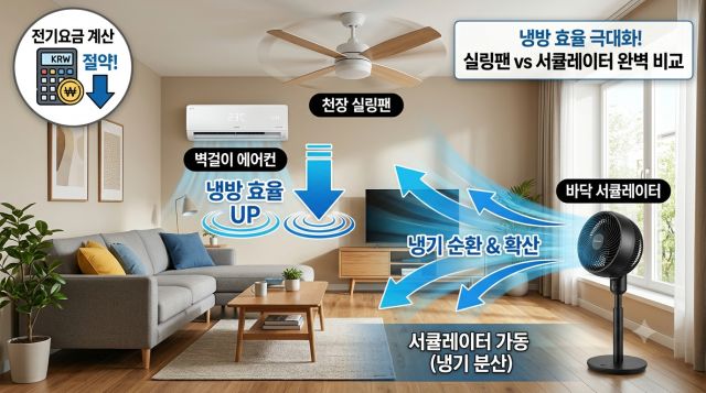 실링팬과 서큘레이터의 냉방 효과와 전기요금을 비교하는 거실 이미지
