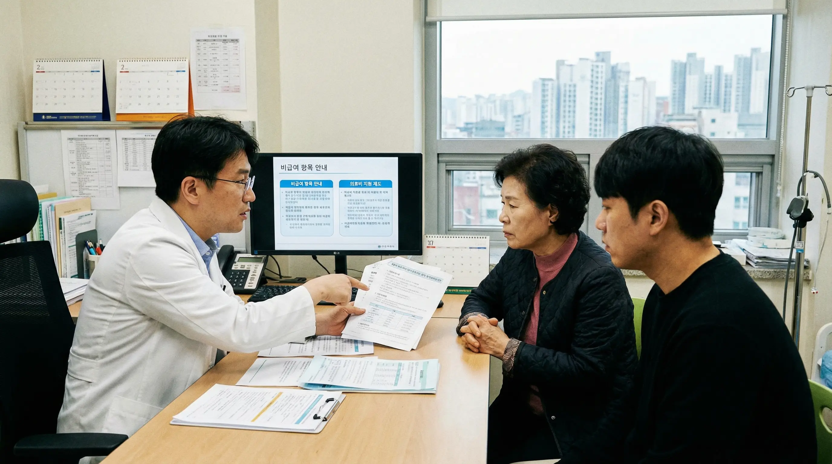 의사가 환자와 보호자에게 의료비 지원 범위와 비급여 항목에 대해 설명하는 진료실 풍경