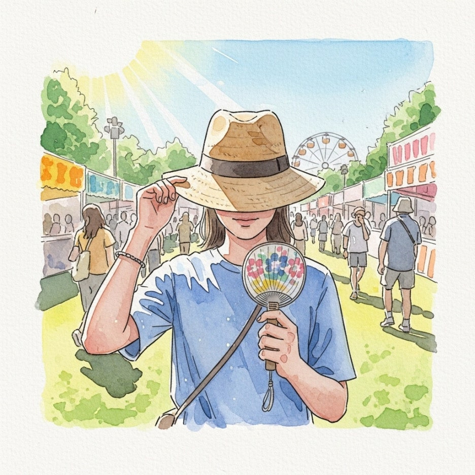 야외 축제를 즐기기 위해 햇빛 가리개와 팬을 든 모습