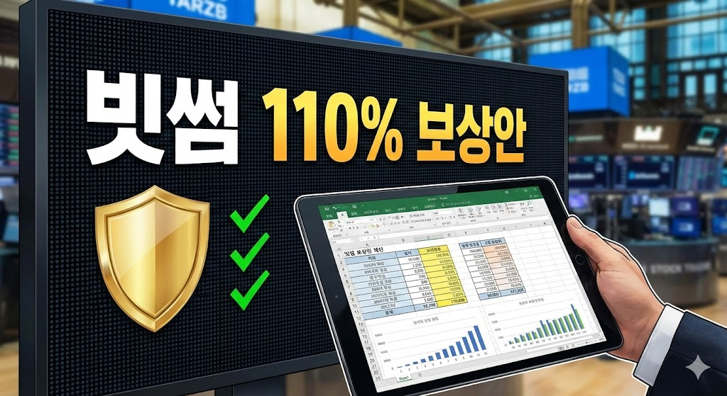 빗썸의 110% 공식 보상안 발표와 자산 보호를 상징하는 금융 대시보드 화면