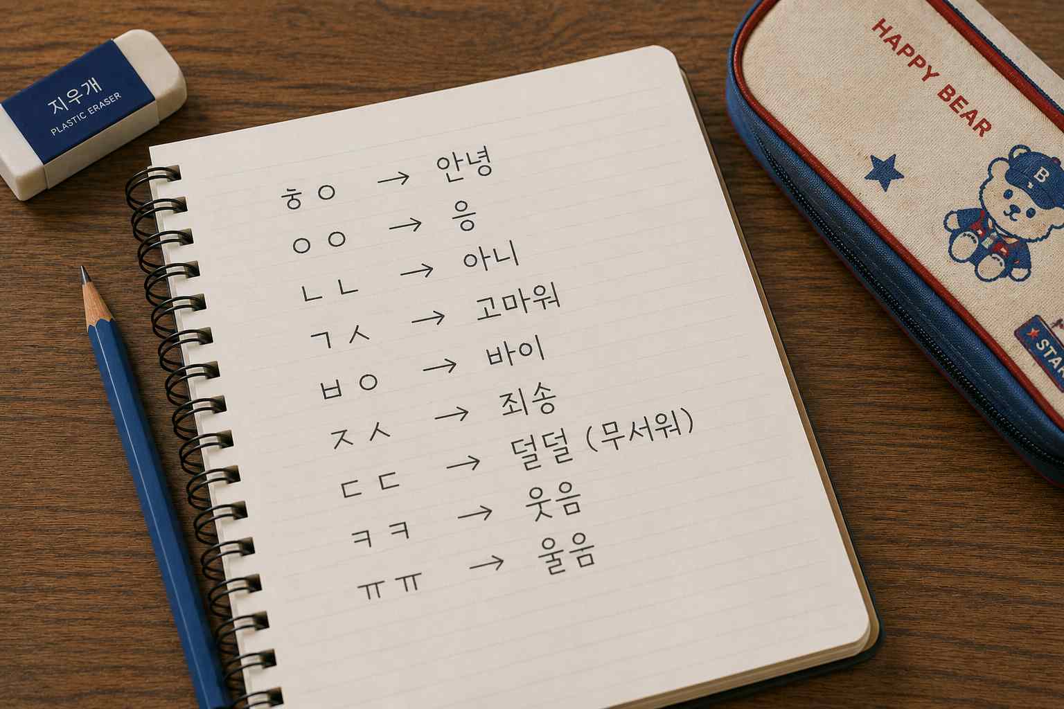 짧은 문자와 기호가 표시된 피처폰 옆에 문자 줄임 표현을 적어 놓은 메모지